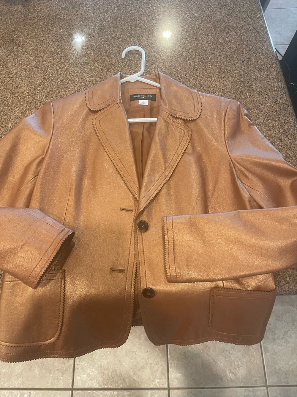 Jones New York Cognac Leather Notch-Collar Jacket